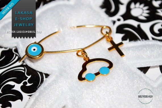 Blue Enamel Car Baby Brooch Sterling Silver Gold plated Handmade Jewelry Cross Eye HappyShowerDay Religious Christening Baptism Newborn Boy