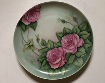 1980 Vintage Hand Painted Wall Plate with Pink Roses Shabby Chic