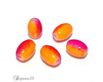 20 beads 10x8mm glass two-tone fuchsia and orange form oval rice Pack M00102-2
