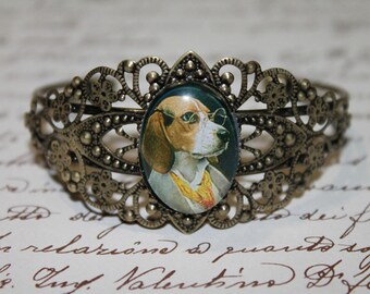 Glass cabochon "beagle aristo" brass Cuff Bracelet