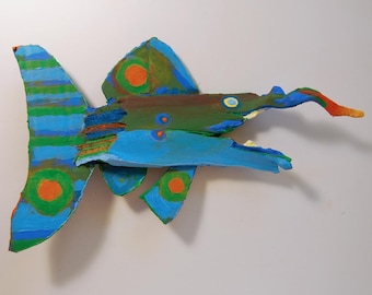 Whimsical Painted Recycled Wood Fish Art Ready to Hang Colorful Wall Decor