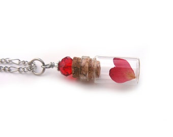 Heart Rose Petal Glass Bottle Necklace - Flower Petal in Glass Vial - Pressed Flower Jewelry - Glass Bottle Pendant - Botanical Jewelry