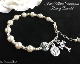 Irish Catholic Communion Rosary Bracelet with Swarovski Pearls and Sterling Silver