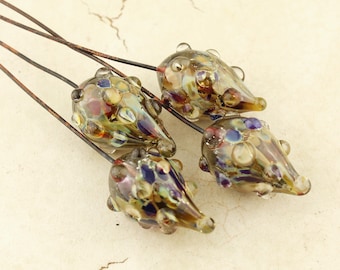 Lampwork Beads, Glass Head Pins 2 Pair Headpin Nubbly Pod on Antique Copper Wire Green Brown Purple