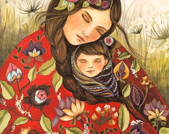 Mother and child in red quilt art print