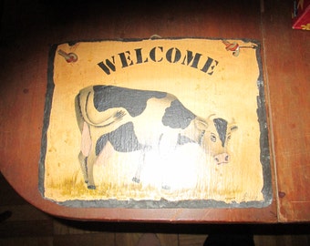 Vintage Welcome Sign with Cow Motif