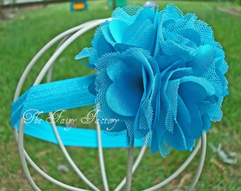 Turquoise Flower Headband, Turquoise Satin and Tulle Flower Puff Headband or Hair Clip, Newborn Baby Infant Toddler Child Girls Headband