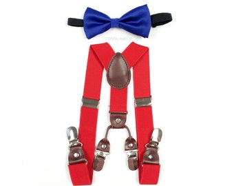 baby boy clothes, blue bowtie, red suspenders, double clip suspenders, boys suspenders, blue bow tie, double suspenders, blue and red set
