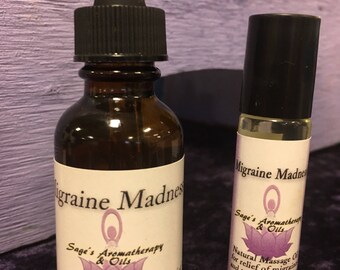 Migraine Madness/Natural headache relief oil, essential oils, glass bottle,natural healing, organic, nausea, tension headaches, first aid