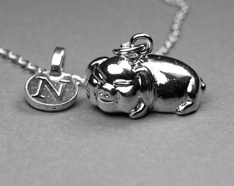 Pig necklace, pig charm, Pot belly pig necklace, potbelly pig charm, potbellied pig, shiny silver plated, personalized, initial necklace