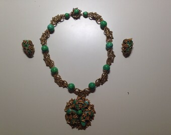 Frank Hess for Amourelle/Kramer or Miriam Haskell Green Brass 15# Choker and matching earrings