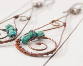 Turquoise Dangle Earring -Turquoise and Copper Earring -Boho Dangle Earring -Graduation Gift -For Her -Mother Gift -Eclectic Jewelry