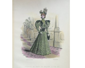 ANTIQUE FRENCH FASHION lithograph - original antique print - fashion illustration design fashion designer - green louie the 16th Antoinette