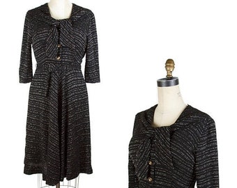 ON SALE 1950s Dress // Black with Silver Lurex Chevron Striped Dress with Shawl Collar
