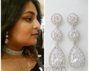 Crystal Bridal Earrings, Wedding Earrings, Long Rose Gold Earrings, Halo Style, Gold, Cubic Zirconia Drop Earrings, Bridal Jewelry, Evita