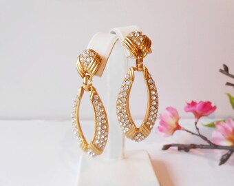 Rhinestone Earrings, Gold & Rhinestone, Pierced Earrings, Dangle Earrings, Rhinestone Jewelry, Glamorous Jewelry