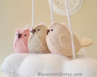Modern nursery decor. pink and peach baby mobile - cloud and birds