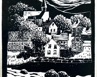 New England Mill Town, Original Linoleum Block Print