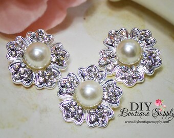 White Pearl buttons with Rhinestone Crystal Buttons Bridal Supplies flower centers hair bow centers invitations crystal bouquet 25mm 748065