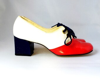MOD 1960s Vintage Red White Navy Patent Leather Oxfords Size 5.5