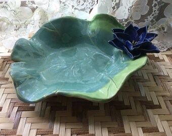 Lily Pad Serving Bowl Cobalt Blue Lotus Sculpture