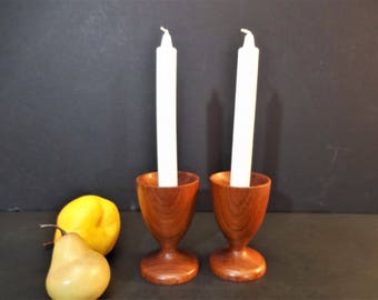 Mid Century Danish Modern Teak Candlesticks - Goblet Shaped Teak Candle Holders - Set of 2 - Mid Century Modern Turned Wood Candle Holders