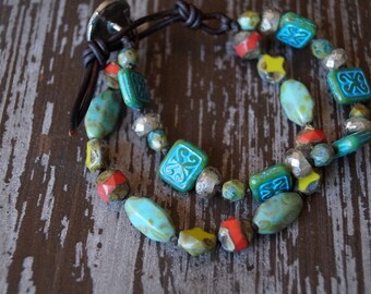 Turquoise Multi Strand Bracelet - Bohemian Jewelry - Turquoise and Red - Knotted Bracelet - Handmade - Bead Soup Jewelry
