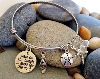 Beach bracelet, Expandable Bracelet, Beach themed Bangle Bracelet, Stacking Adjustable bracelet, ocean charm bracelet, beach charm bracelet