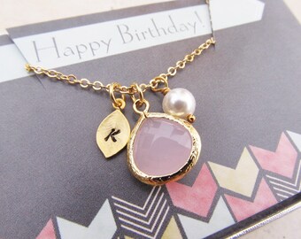 Birthday Gift for Her, Birthstone Necklace with Card, You Choose Color and Initial, Gold Birthstone Jewelry, Personalized Gift for Women