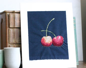 Hand embroidered cherries textile art 8x10"