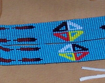 Native American Beaded Hat Band W/ Medicine Wheels & Feathers