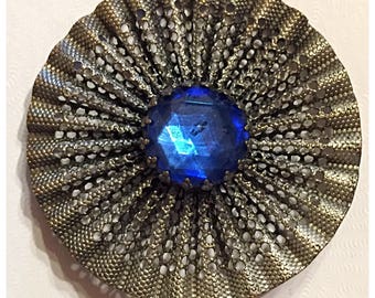 Intricate Open Work Accordion Fan Style Silver Button with Blue Glass Faceted Stone, Collectible Antique Button in Silver & Blue, item 450
