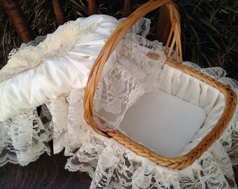 Lace basket, lined basket, muslin basket, wedding basket, flower girl basket, ivory basket