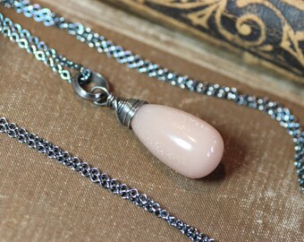 Peach Moonstone Necklace Oxidized Sterling Silver Wire Wrapped Briolette Pendant