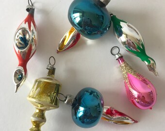 Vintage Mavi Mexico Blown Glass Feather Tree Christmas Ornaments Set of 6