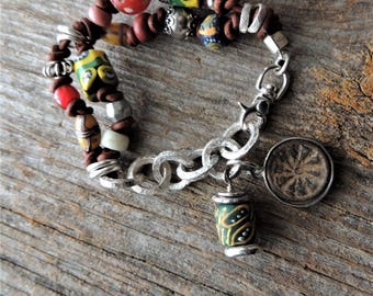 African Trade Bead Bracelet, Leather Two Strand Bracelet, Rustic Handcrafted, Artisan Jewelry, Vintage Beads, Handmade Silver Chain, Tribal
