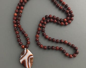 SANDALWOOD AGATE MALA - mala necklace, sandalwood mala, mala beads, mala, long beaded necklace