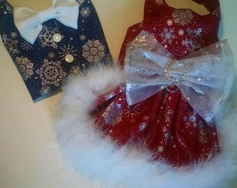 Christmas dog dress snowflakes and crystal New Years Winter snow dress. Red or Blue