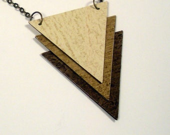 Geometric Triangular Necklace, Upcycled Wallpaper Pendant, Wood Grain Tricolor Pendant, Reversible Pendant, Recycled Paper
