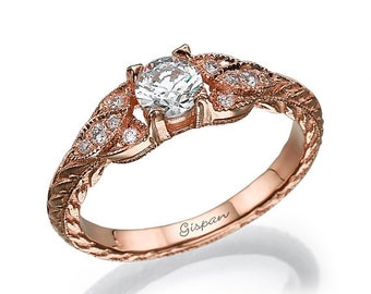 Antique Engagement Ring, Unique engagement ring, Rose Gold Engagement Ring, Vintage Ring, Art deco ring, Wedding ring, Milgrain ring