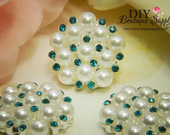 Pearl & Rhinestone buttons AQUA BLUE Flatback Embellishments - Bridal Supplies flower centers Headbands crystal bouquet 5 pcs 23mm 196047
