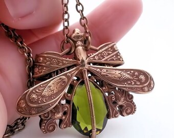 Dragonfly necklace, dragonfly jewelry, olive green necklace, dragonfly pendant necklace, Art Nouveau filigree jewelry, statement necklace