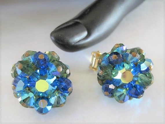 Hobe Blue Earrings, Signed Aurora Borealis Faceted, Hobe Bead Clip Ons, Gift for Woman