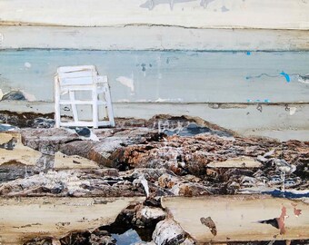 ART PRINT, Lifeguard Chair,Rocky Coast, Maine, Fine Art Print , beach decor, beach print, art, pint, mixed media, collage,All Sizes