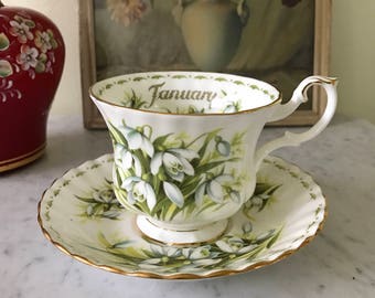 Vintage Royal Albert January Tea Cup Saucer Flowers of the Month Series Snowdrops Bone China Made in England 70's Chic Teacup Collectible