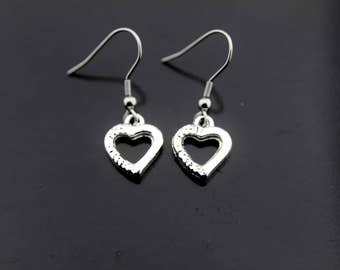 Heart Earrings, Silver Heart Charm Dangle Earrings,Heart Pendants, Heart Drop Earrings, Heart Charm Earrings, Silver Earrings