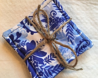 Blue Floral-Coasters-Fabric drink coasters-Revesible coasters-Quilted coasters-