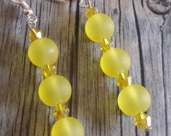 Lemon Yellow Frosted Dangle Earrings, Yellow Earrings, Dangle Earrings, Crystal Earrings, Frosted Earrings, Yellow Dangle Earrings, Silver