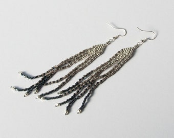 Steely feather long beadwoven earrings