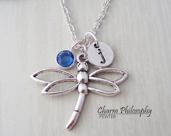 Dragonfly Charm Necklace - Monogram Personalized Initial and Birthstone - Silver Dragonfly Pendant